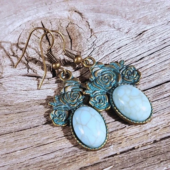 Bronze Rose Flowers Turquoise Blue Stone Dangle Earrings - Picture 1 of 8